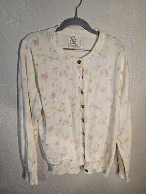 Ampersand Avenue Summer Rose Floral Cardigan Sweater Cream Pink Grandmacore L